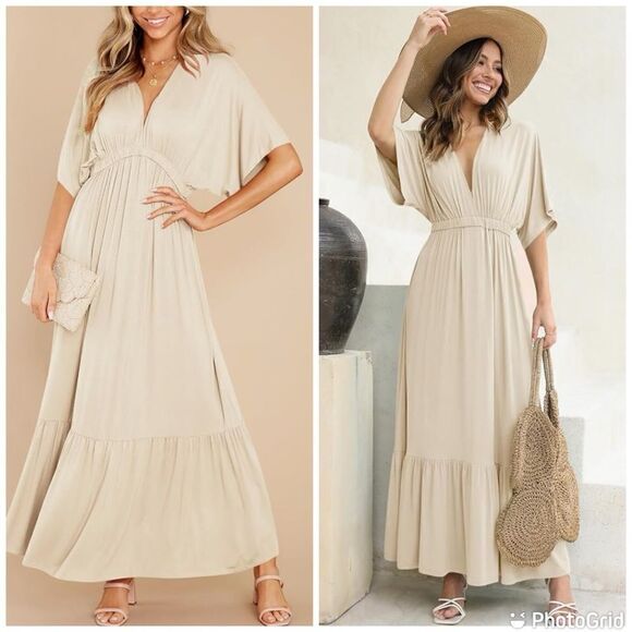 NWT Boho V Neck Short Sleeve Batwing Style Casual Loose High Waist Beach Dress - Picture 1 of 14